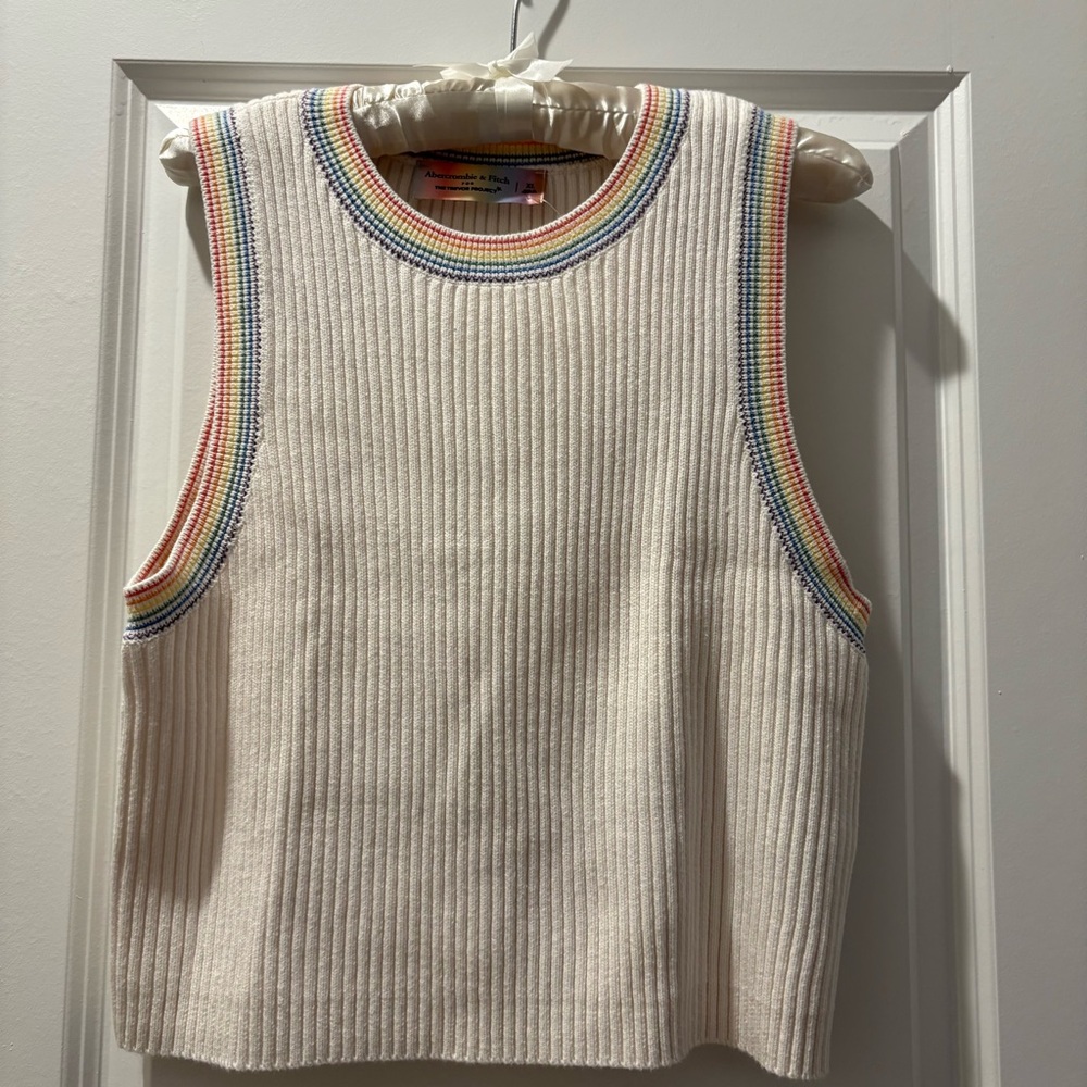 Abercrombie & Fitch Cream Ribbed Tank with Rainbow Trim